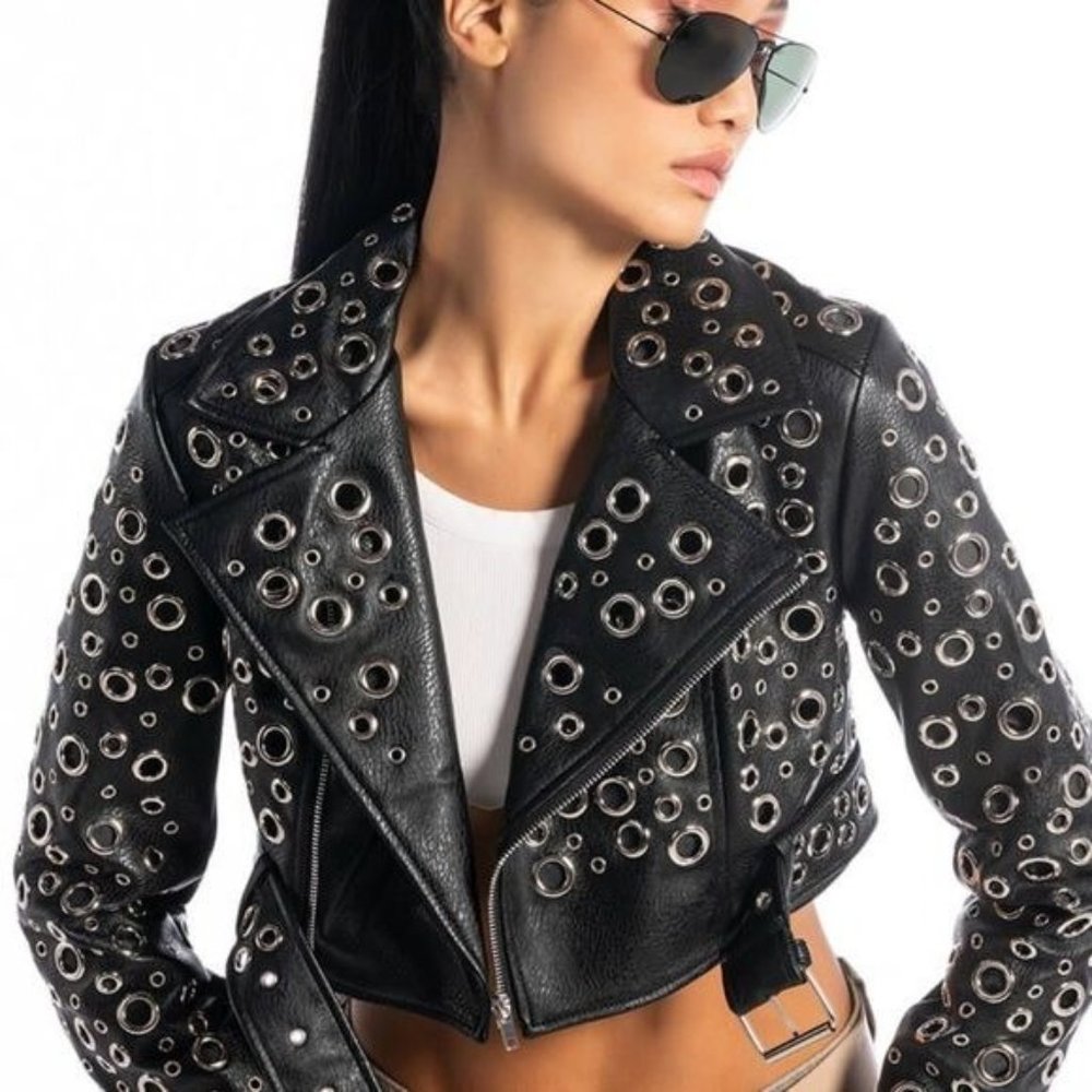 Miz 360: Circle of Life Cropped Grommet Vegan Leather Moto Jacket Large - Picture 6 of 13